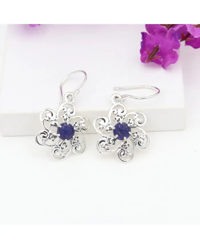 Handmade Lapis Lazuli Earrings – 925 Sterling Silver Flower Design