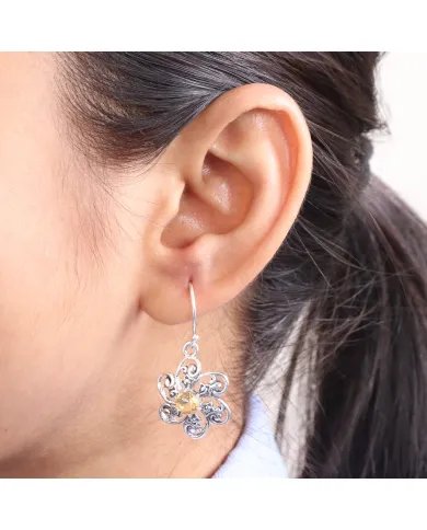 Citrine Earrings - Handmade 925 Sterling Silver Flower Design Jewelry