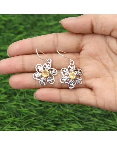 Citrine Earrings - Handmade 925 Sterling Silver Flower Design Jewelry