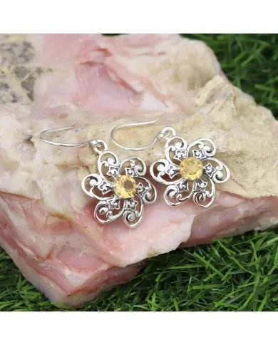 Citrine Earrings - Handmade 925 Sterling Silver Flower Design Jewelry