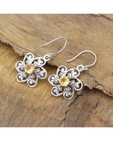 Citrine Earrings - Handmade 925 Sterling Silver Flower Design Jewelry