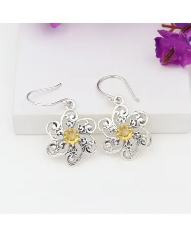 Citrine Earrings - Handmade 925 Sterling Silver Flower Design Jewelry