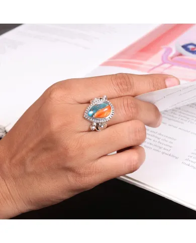 Orange Spiny Oyster Turquoise 925 Silver Pear Cabochon Boho Ring