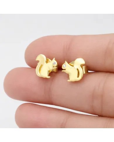 Moissanite Squirrel Stud Earrings - Gold Plated 925 Silver Animal Jewelry