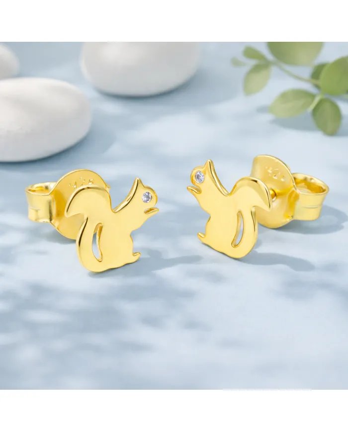 Moissanite Squirrel Stud Earrings - Gold Plated 925 Silver Animal Jewelry