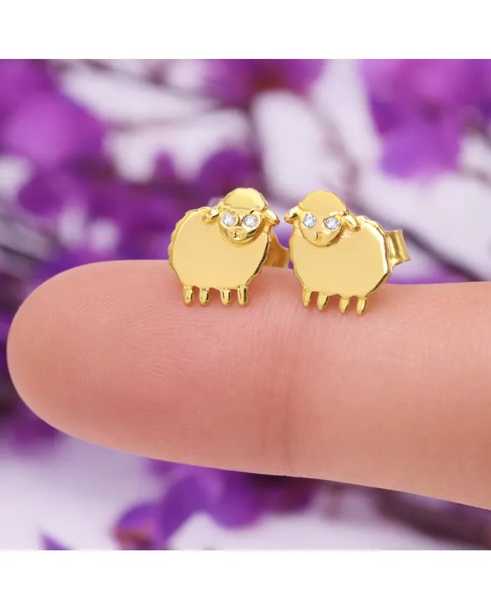 Moissanite Sheep Stud Earrings – Gold Plated 925 Silver Animal Jewelry