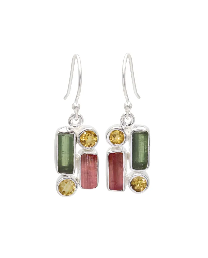 Tourmaline & Citrine Dangle Earrings - 925 Sterling Silver Jewelry