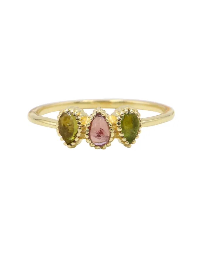 Natural Pink & Green Tourmaline Ring - Sterling Silver Gold Plated Handmade Ring Minimalist Dainty Jewelry