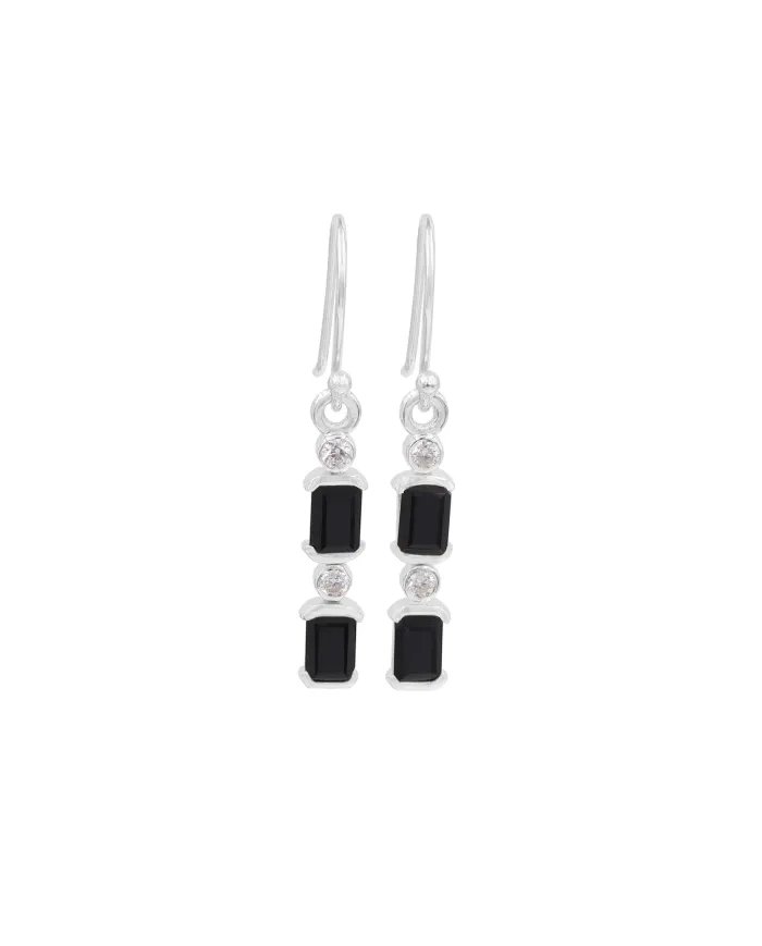 Black Onyx Swarovski Crystal Dangle Earrings - Sterling Silver Handmade Earrings Baguette Drop Jewelry