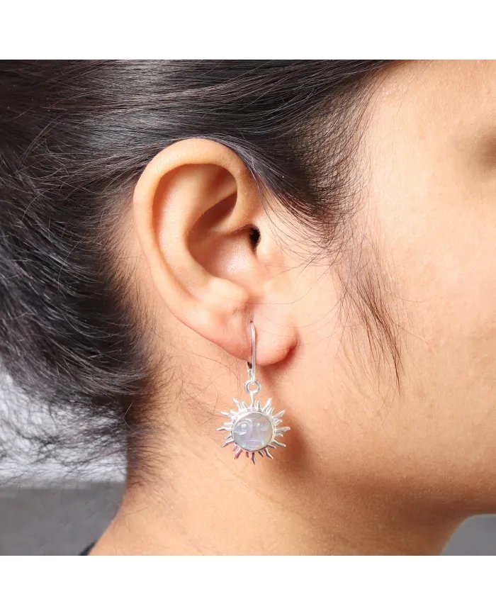 Rainbow Moonstone Face Carved Earrings - 925 Sterling Silver Jewelry
