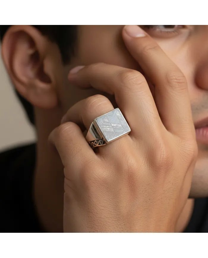 Meteorite Ring - 925 Sterling Silver Handmade Gemstone Unique Jewelry