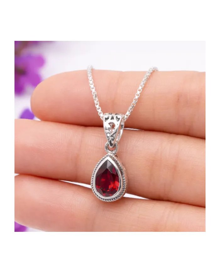 Garnet Pendant - 925 Sterling Silver Handmade Boho Minimalist Jewelry
