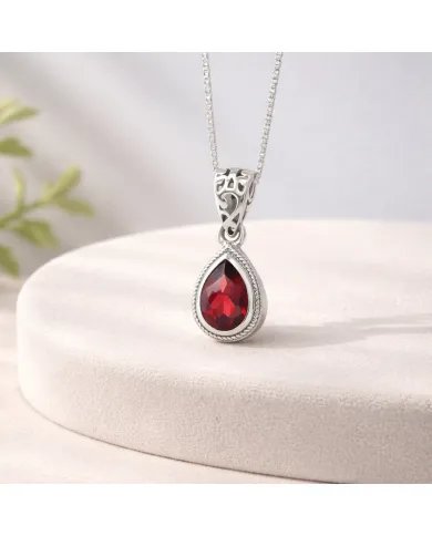Garnet Pendant - 925 Sterling Silver Handmade Boho Minimalist Jewelry