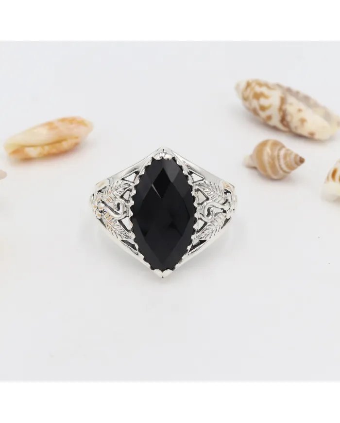 Black Onyx Marquise Cut Ring in 925 Sterling Silver – Handmade Jewelry