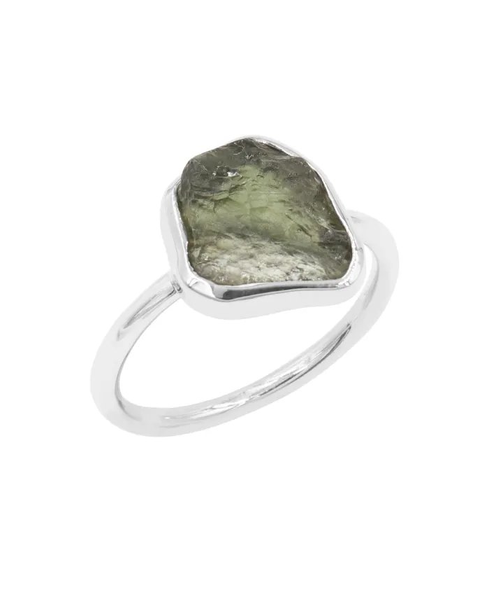 Raw Moldavite Tektite Ring - Sterling Silver Ring Cosmic Impact Ring Handmade Ring Unisex Statement Ring