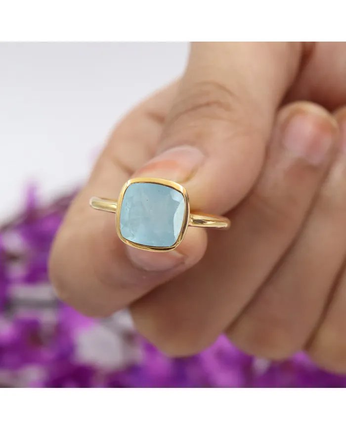 Aquamarine Gemstone Ring - 925 Sterling Silver Gold Plated Jewelry