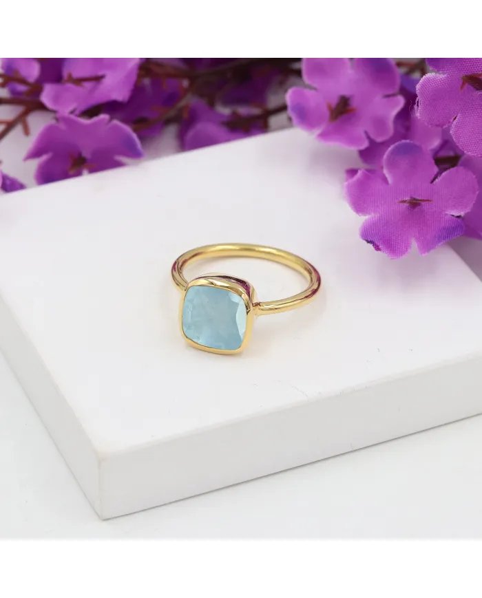 Aquamarine Gemstone Ring - 925 Sterling Silver Gold Plated Jewelry
