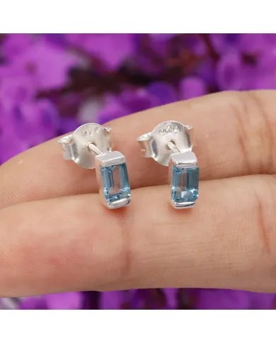 Swiss Blue Topaz Stud Earrings - 925 Sterling Silver Jewelry