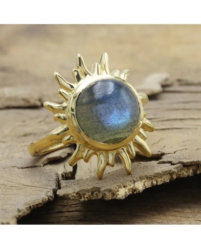 Natural Labradorite Sunburst Ring - Gold Plated 925 Silver Jewelry