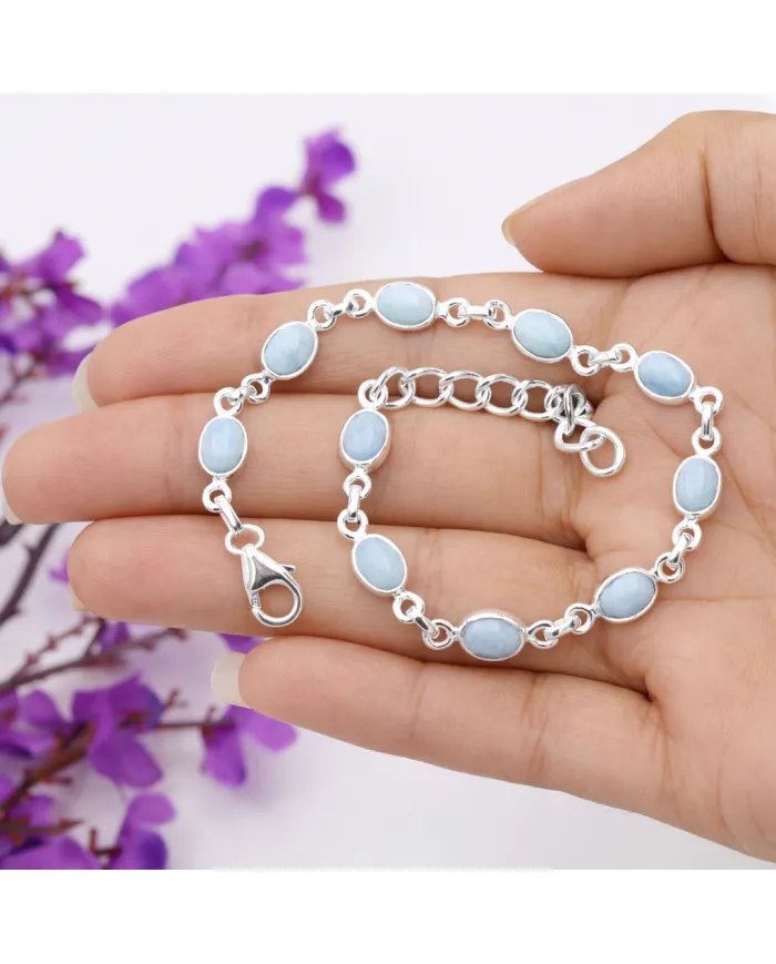 Natural Larimar Bracelet - 925 Sterling Silver Dainty Gemstone Jewelry