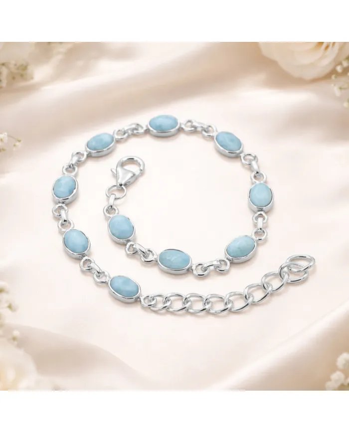 Natural Larimar Bracelet - 925 Sterling Silver Dainty Gemstone Jewelry