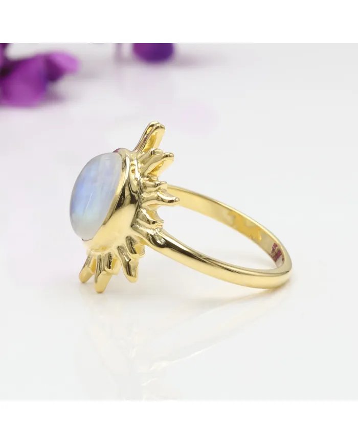 Rainbow Moonstone Sunburst Ring - Gold Plated 925 Silver Jewelry