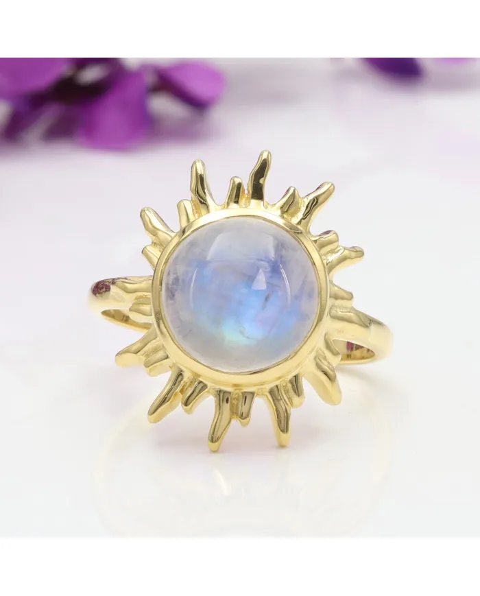 Rainbow Moonstone Sunburst Ring - Gold Plated 925 Silver Jewelry