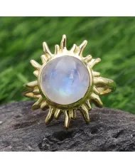 Rainbow Moonstone Sunburst Ring - Gold Plated 925 Silver Jewelry