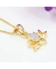 Rainbow Moonstone Lotus Pendant - Gold Plated 925 Silver Jewelry