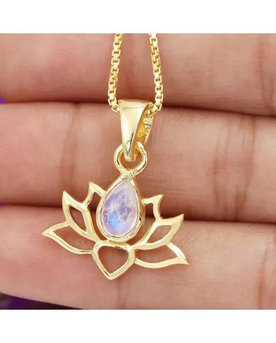 Rainbow Moonstone Lotus Pendant - Gold Plated 925 Silver Jewelry