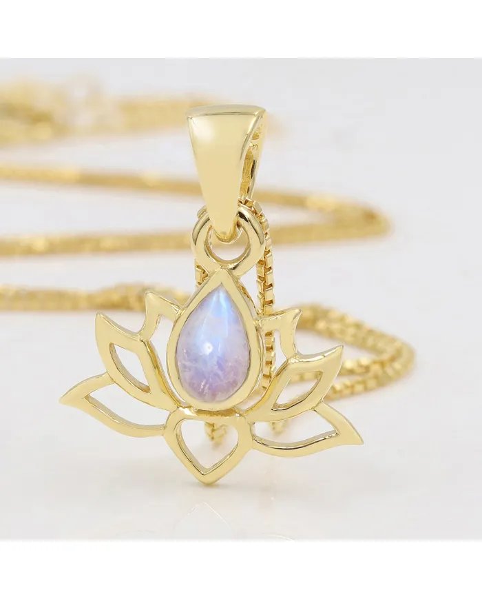 Rainbow Moonstone Lotus Pendant - Gold Plated 925 Silver Jewelry