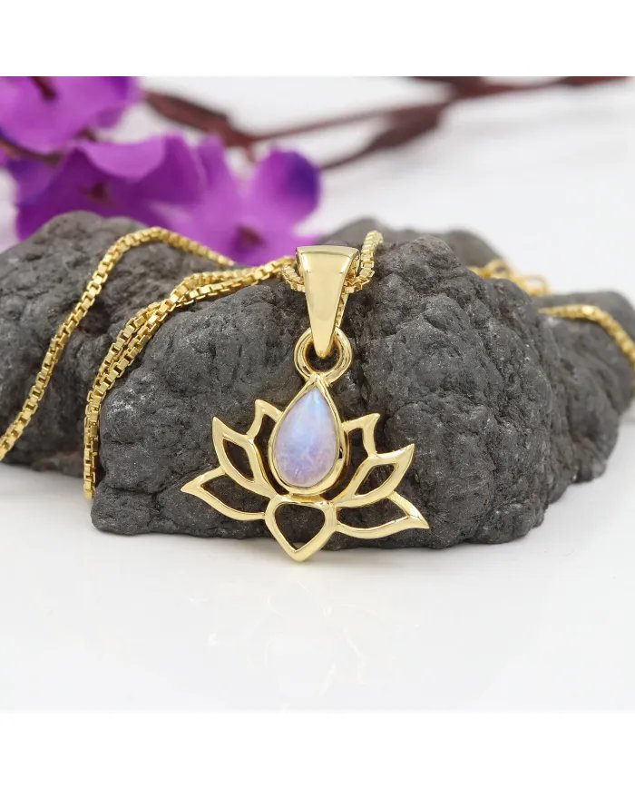 Rainbow Moonstone Lotus Pendant - Gold Plated 925 Silver Jewelry