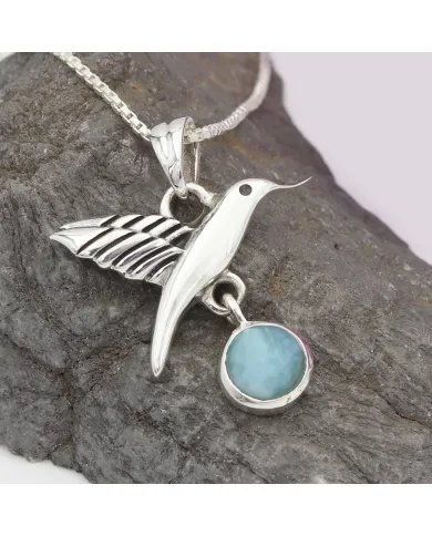 Larimar Hummingbird Pendant – 925 Sterling Silver Unique Necklace Charm