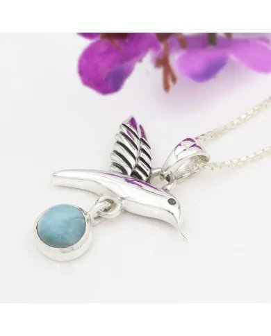 Larimar Hummingbird Pendant – 925 Sterling Silver Unique Necklace Charm