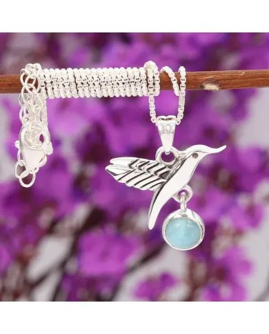 Larimar Hummingbird Pendant – 925 Sterling Silver Unique Necklace Charm