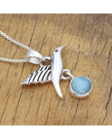 Larimar Hummingbird Pendant – 925 Sterling Silver Unique Necklace Charm