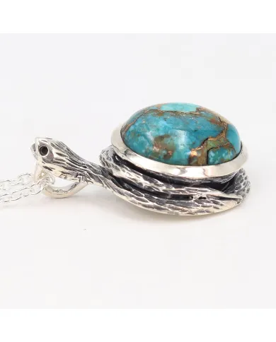 925 Sterling Silver Blue Copper Turquoise Snake Pendant Necklace