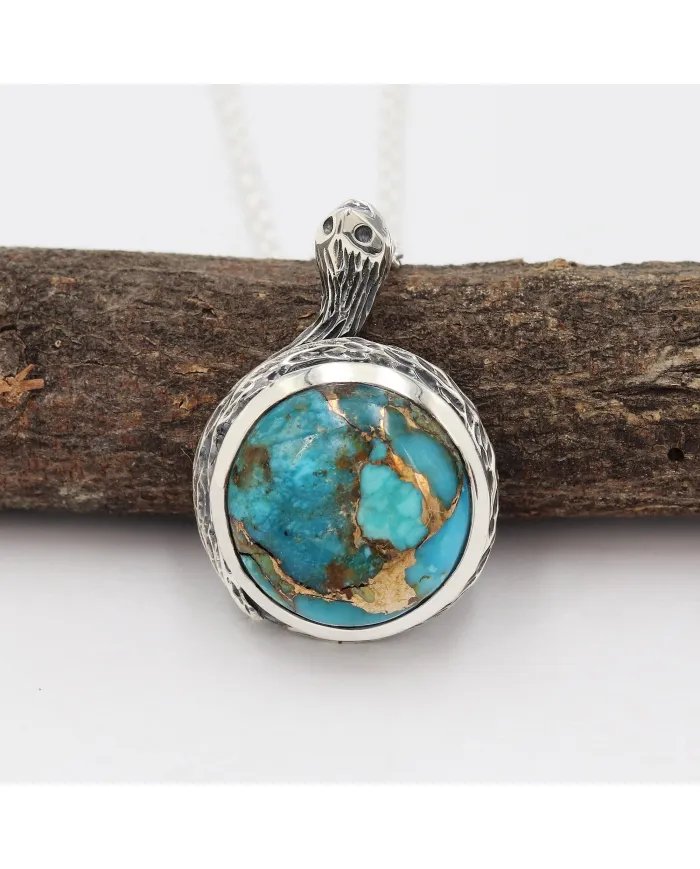 Blue Copper Turquoise Snake Pendant – Handmade 925 Sterling Silver Jewelry