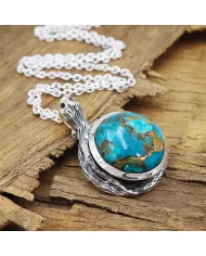 925 Sterling Silver Blue Copper Turquoise Snake Pendant Necklace