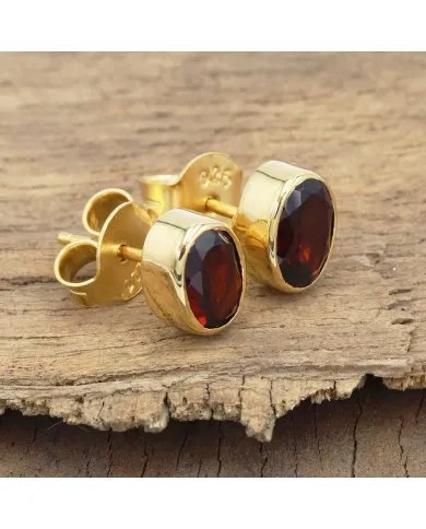 Garnet Stud Earrings - Gold Plated 925 Silver Minimalist Jewelry