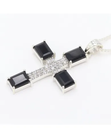 925 Silver Black Onyx & Swarovski Crystal Cross Pendant Necklace