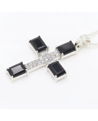 Black Onyx & Swarovski Crystal Cross Pendant - 925 Sterling Silver Jewelry