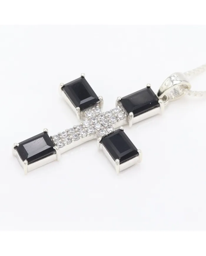 925 Silver Black Onyx & Swarovski Crystal Cross Pendant Necklace