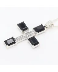 925 Silver Black Onyx & Swarovski Crystal Cross Pendant Necklace