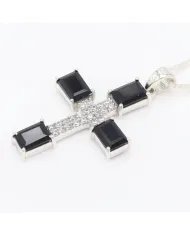 Black Onyx & Swarovski Crystal Cross Pendant - 925 Sterling Silver Jewelry