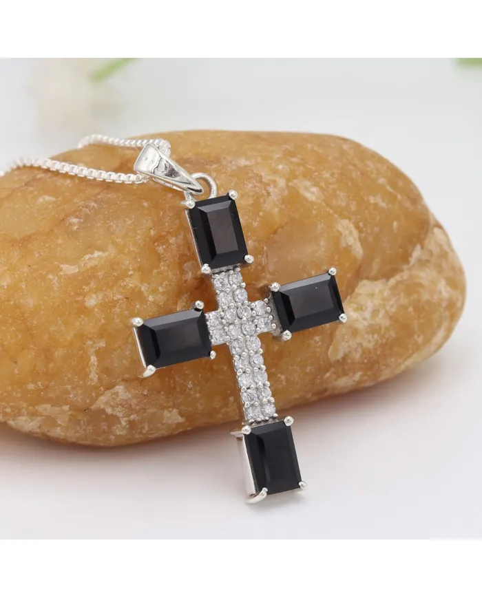 925 Silver Black Onyx & Swarovski Crystal Cross Pendant Necklace
