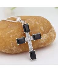 925 Silver Black Onyx & Swarovski Crystal Cross Pendant Necklace