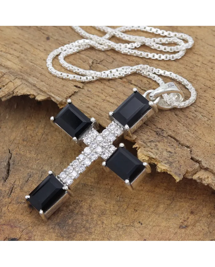 925 Silver Black Onyx & Swarovski Crystal Cross Pendant Necklace