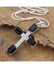 Black Onyx & Swarovski Crystal Cross Pendant - 925 Sterling Silver Jewelry