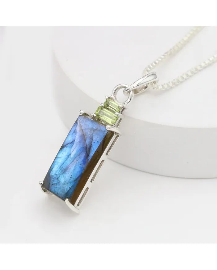 Labradorite Pendant Necklace with Peridot Accent – 925 Silver Jewelry